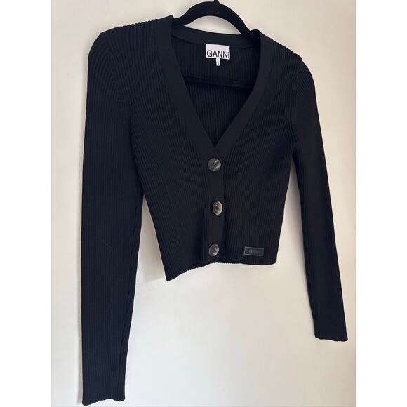 GANNI Melange Ribbed Knit Cropped V-Neck Cardigan – Black, L - Picture 4 of 10